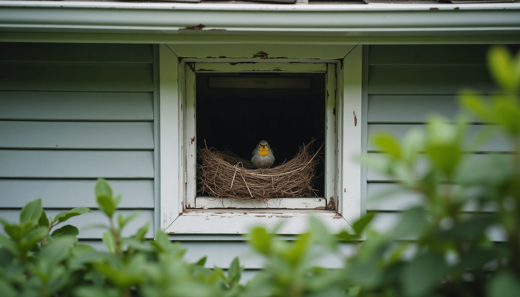 Empty bird nest under house eaves, a potential source of bird mites in house infestations.
