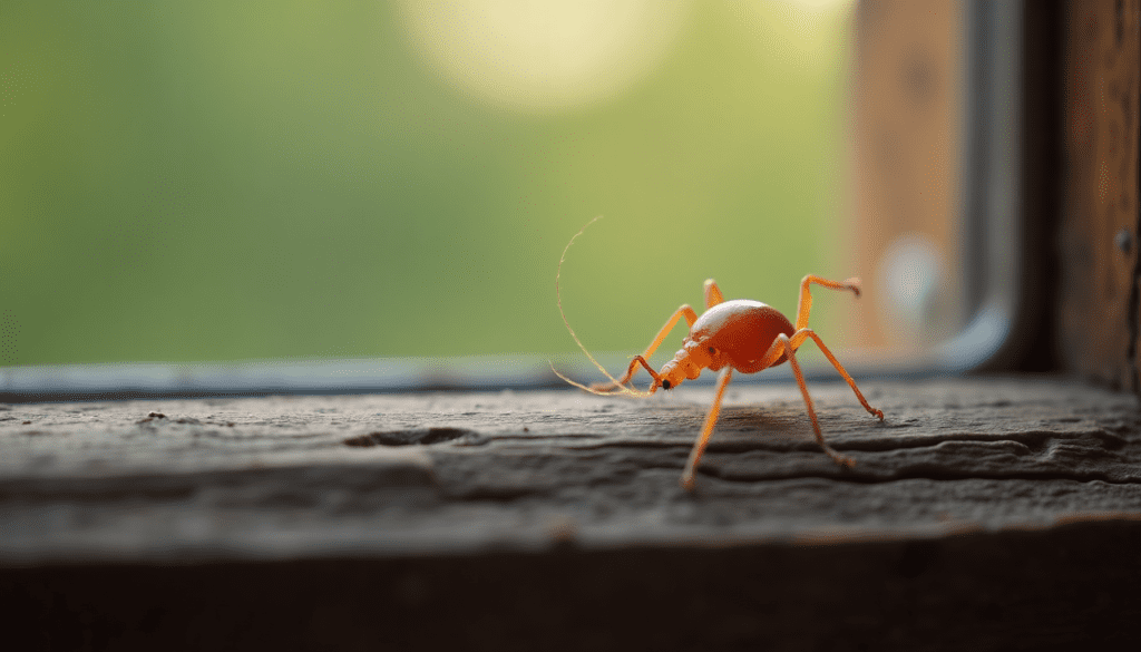Extreme macro shot of a reddish-brown bird mite on a wooden window sill, revealing its tiny details for identifying bird mites.