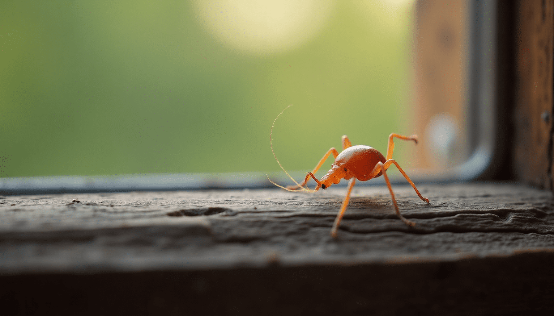 Extreme macro shot of a reddish-brown bird mite on a wooden window sill, revealing its tiny details for identifying bird mites.