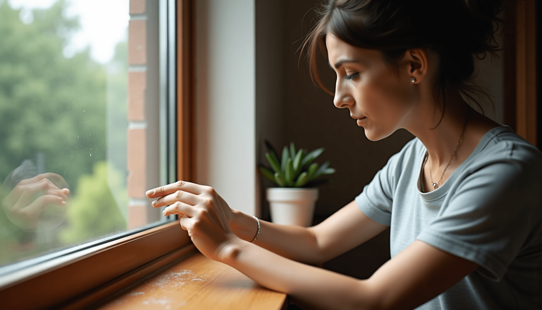 Woman intently inspecting a dusty window sill for signs of bird mites, a step in eliminating bird mites.
