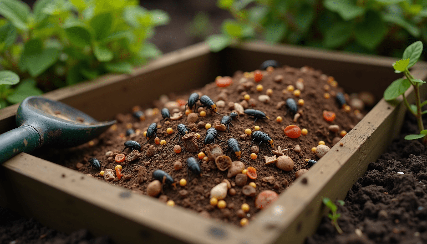 Compost bin filled with food scraps and black soldier fly larvae in a backyard garden.