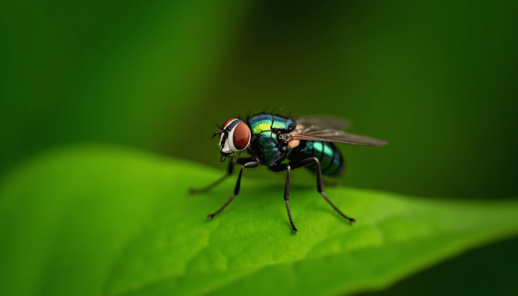 Black soldier fly resting on a green leaf, showcasing its detailed features and vibrant colors.