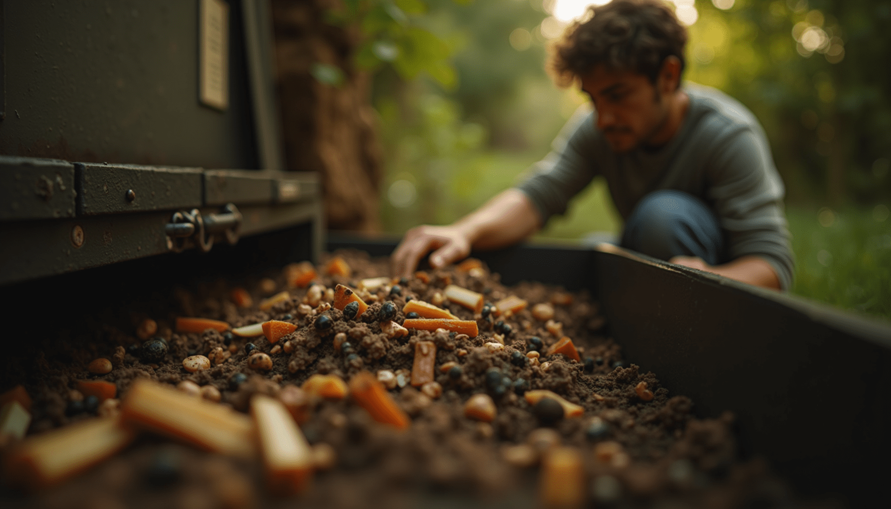 Person inspecting a compost bin with black soldier fly larvae, promoting sustainable waste management.