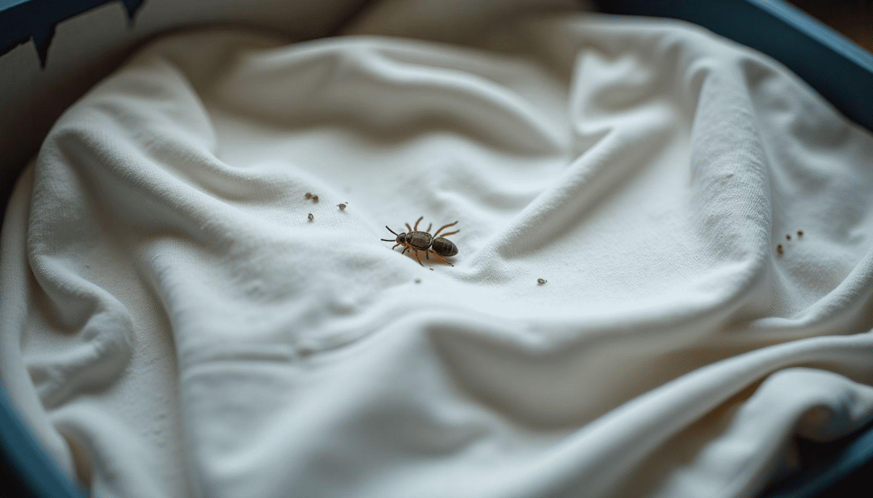 Medium-wide shot of a rumpled cotton t-shirt with a few body lice visible on the fabric, showing their typical habitat.