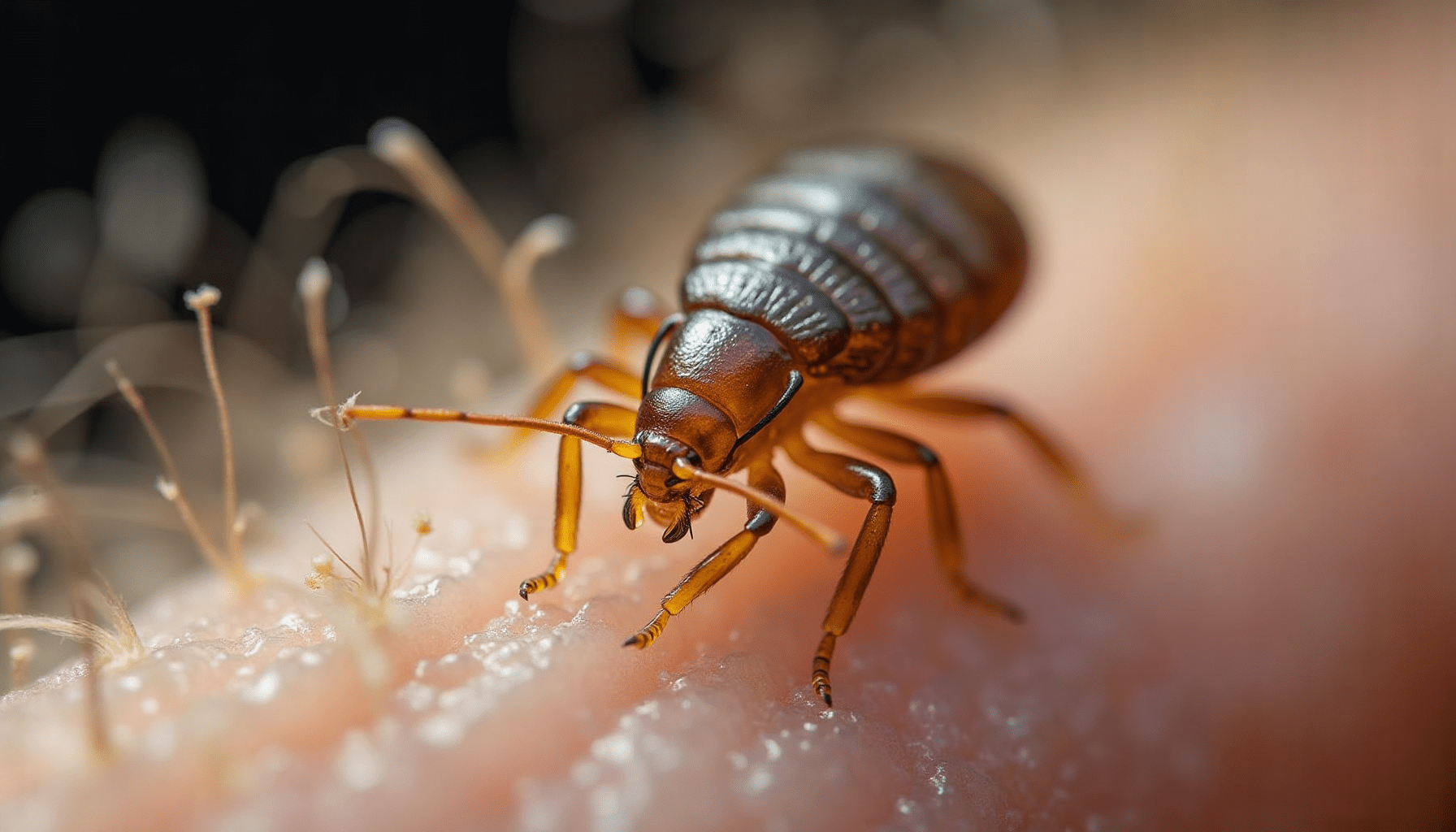 Dramatic macro close-up of a head louse clinging to a human hair, showcasing its detailed anatomy and difference from body lice.