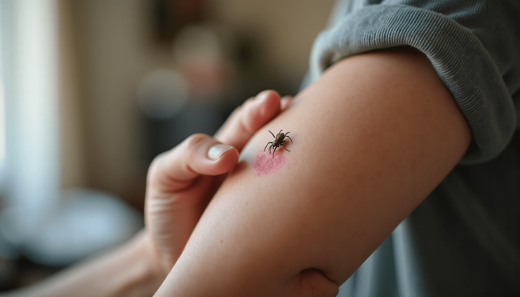 Candid photo of a person inspecting their arm for body lice bites, showcasing a practical aspect of lice treatment.