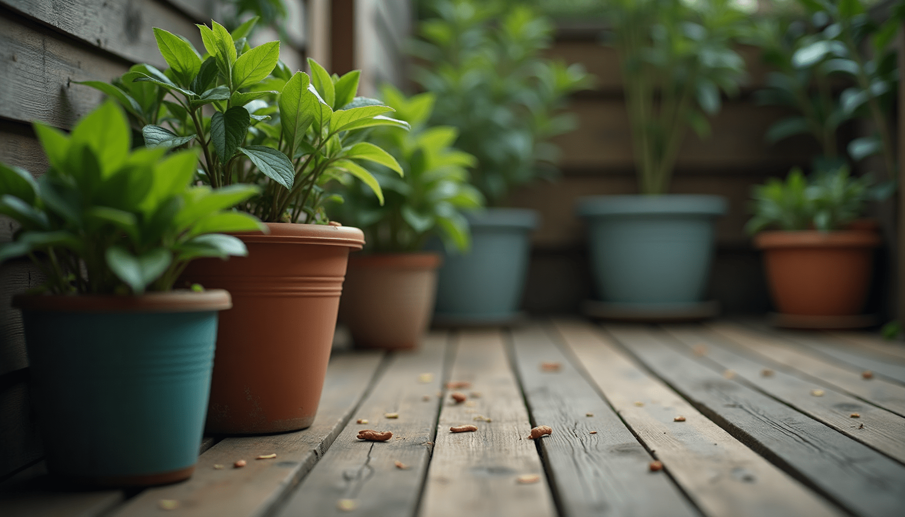 A medium-wide shot of a rustic wooden deck corner with potted plants, illustrating outdoor pest prevention areas.