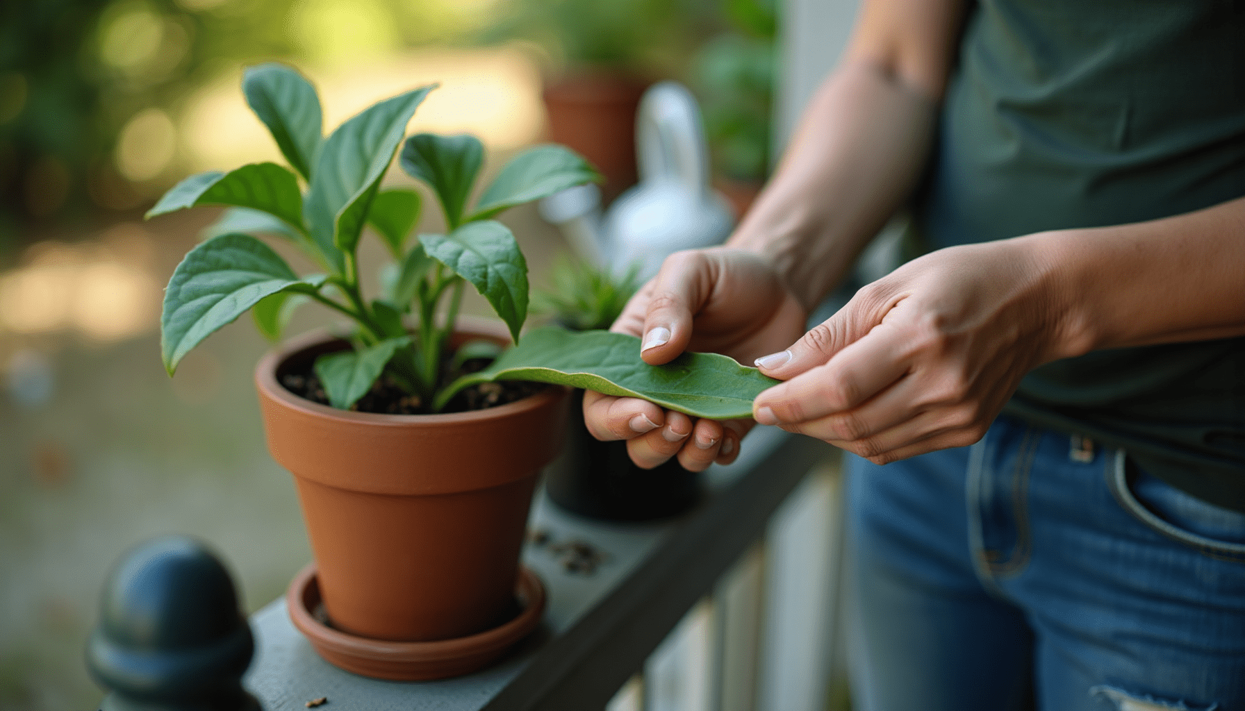 Hands inspecting a plant leaf on a porch railing, demonstrating practical outdoor pest prevention and patio bug solutions.