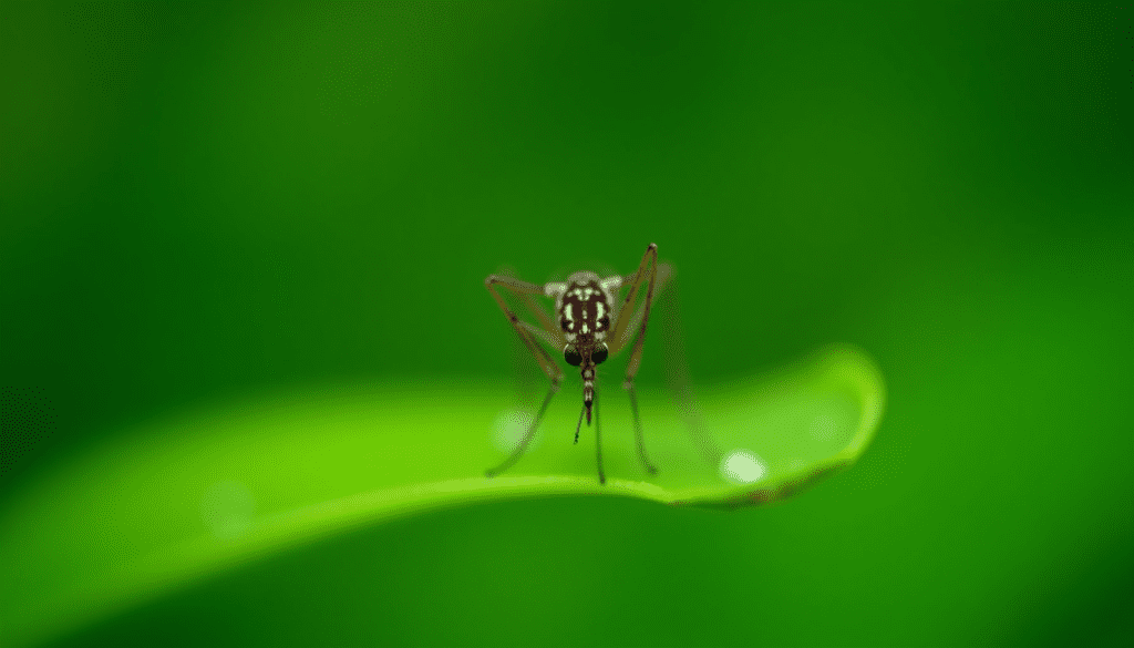 Stunning macro photo of a mosquito resting on a green leaf, highlighting intricate details, for bug-proof porch strategies.