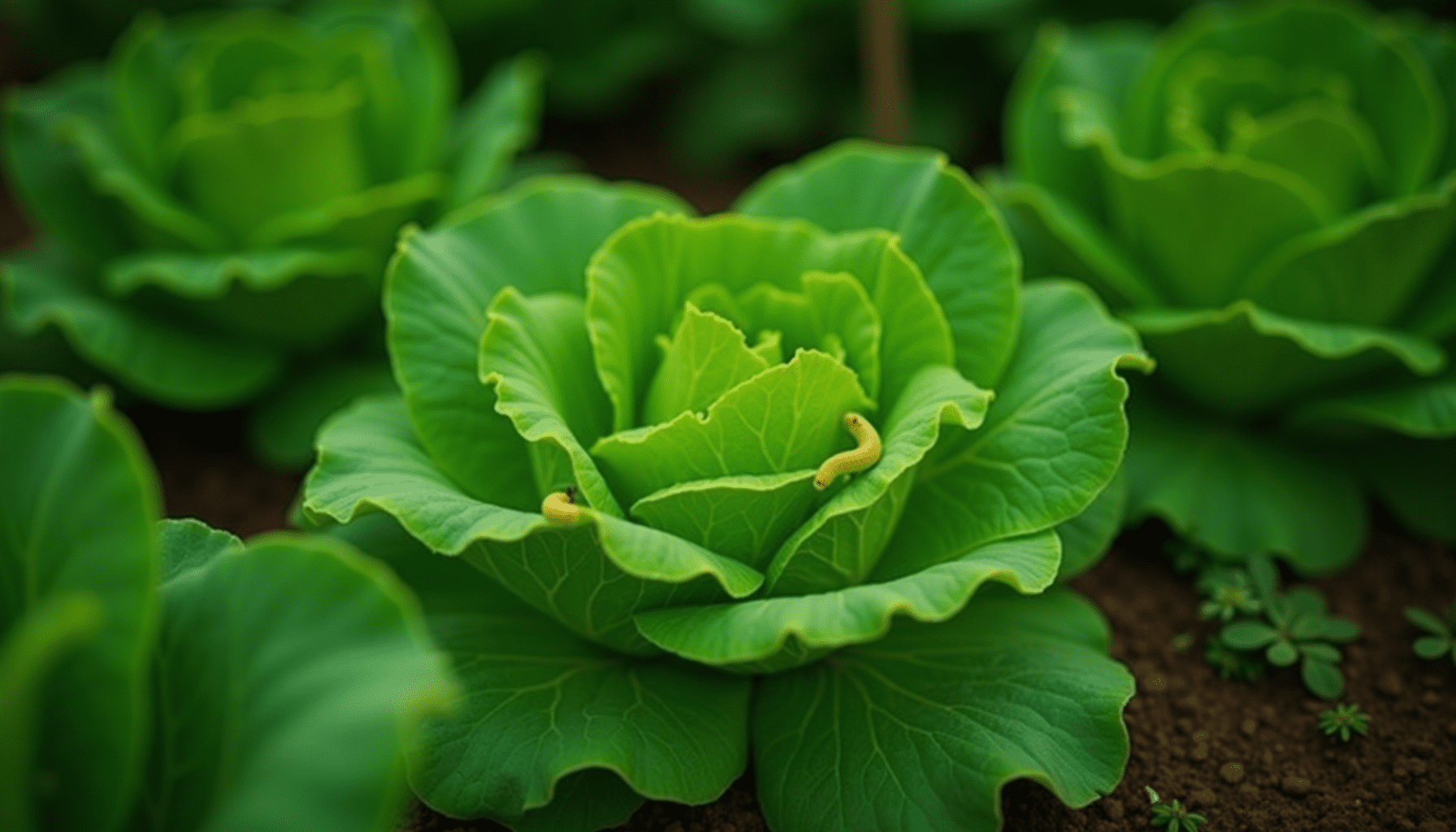 Garden scene showing brassica plants with ragged holes and frass, signs of cabbage worm damage.