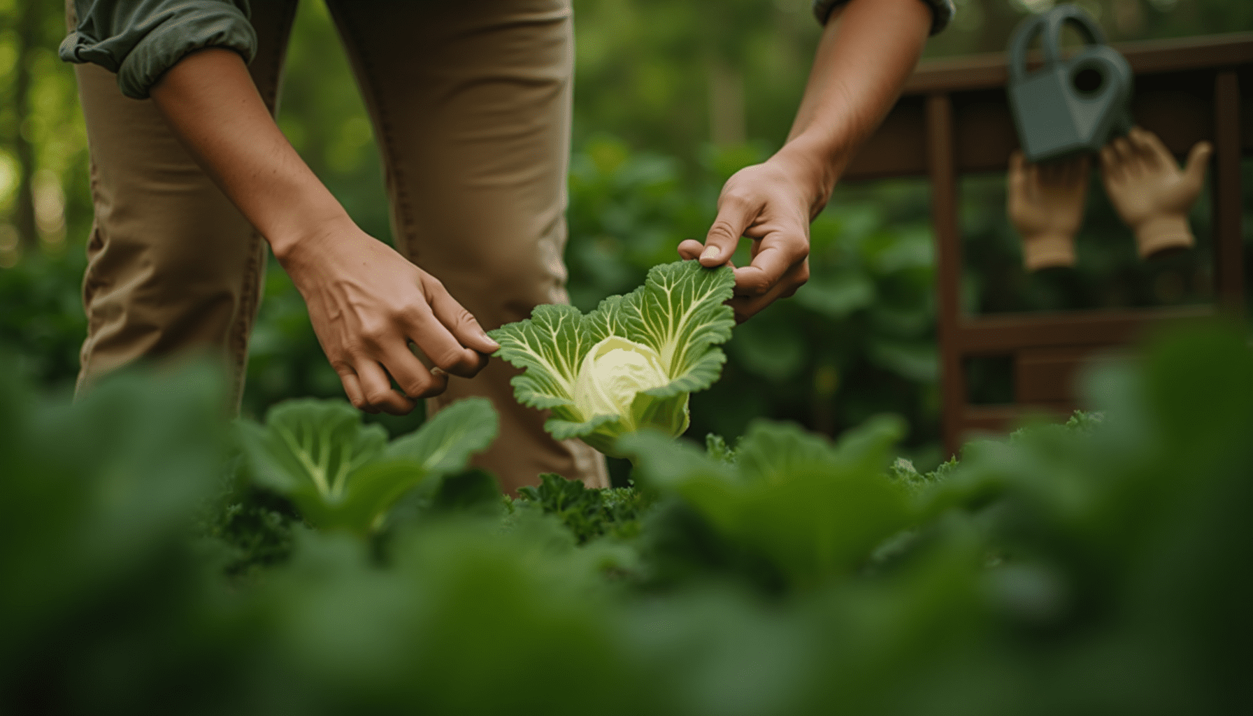 Gardener's hands inspecting a brassica leaf for cabbage worms, demonstrating organic pest control.