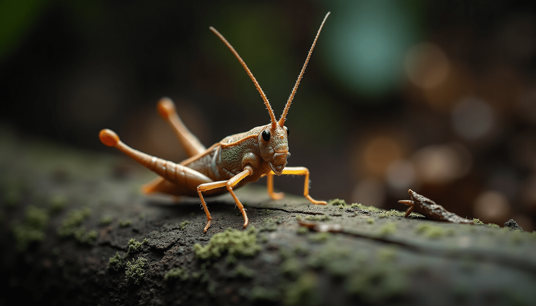 Dramatic macro photo of a camel cricket on a mossy log, showcasing its detailed features and humpback.