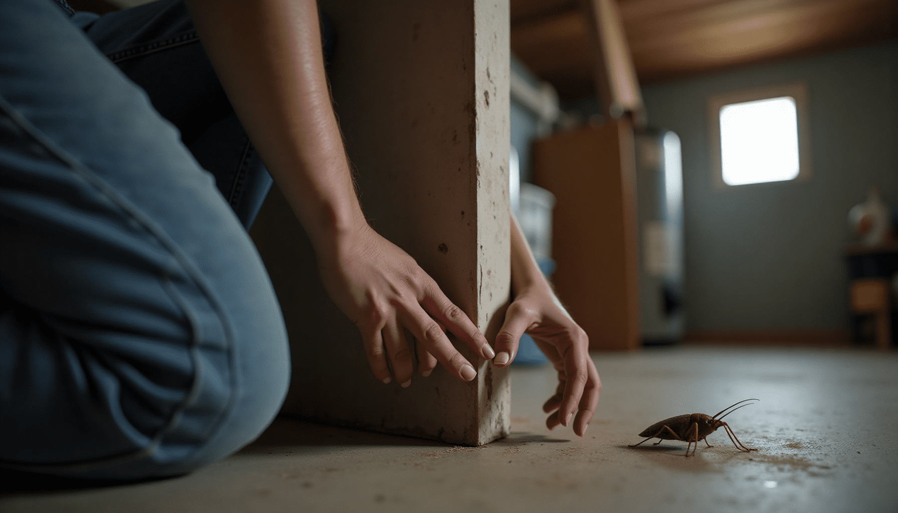 Person inspecting a damp basement wall for camel crickets, demonstrating practical pest control methods.