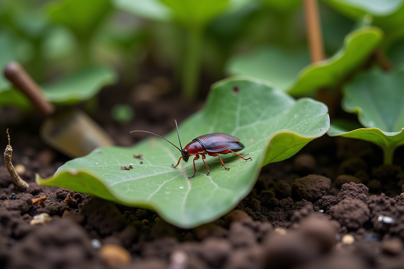 Cockroach on a leaf in a garden setting with plants and tools around.