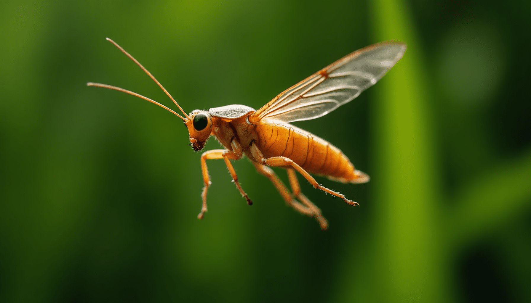Close-up of a flying cockroach highlighting its wings and eyes in natural foliage.
