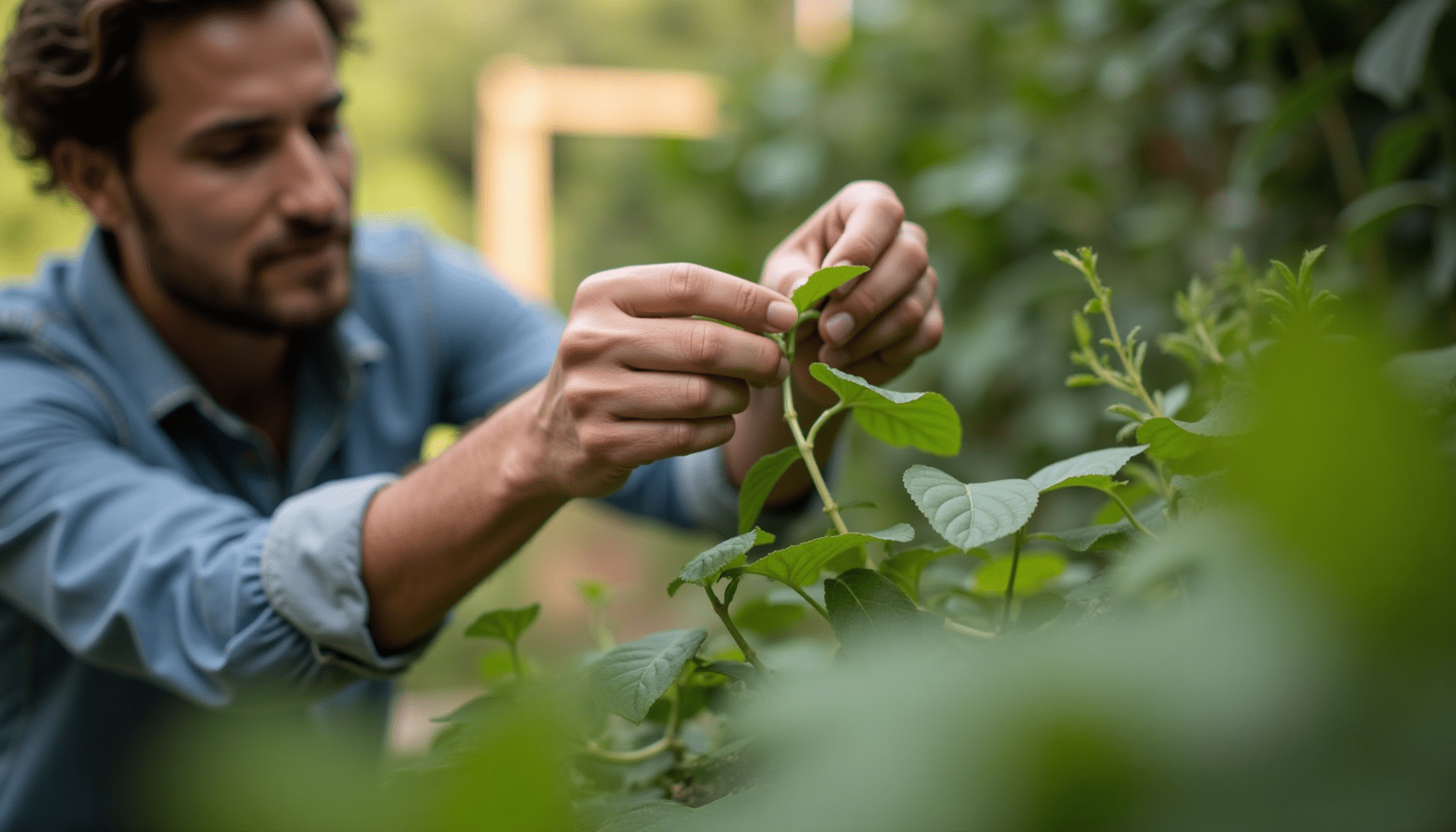 Person inspecting garden plants for cockroaches in a natural setting.