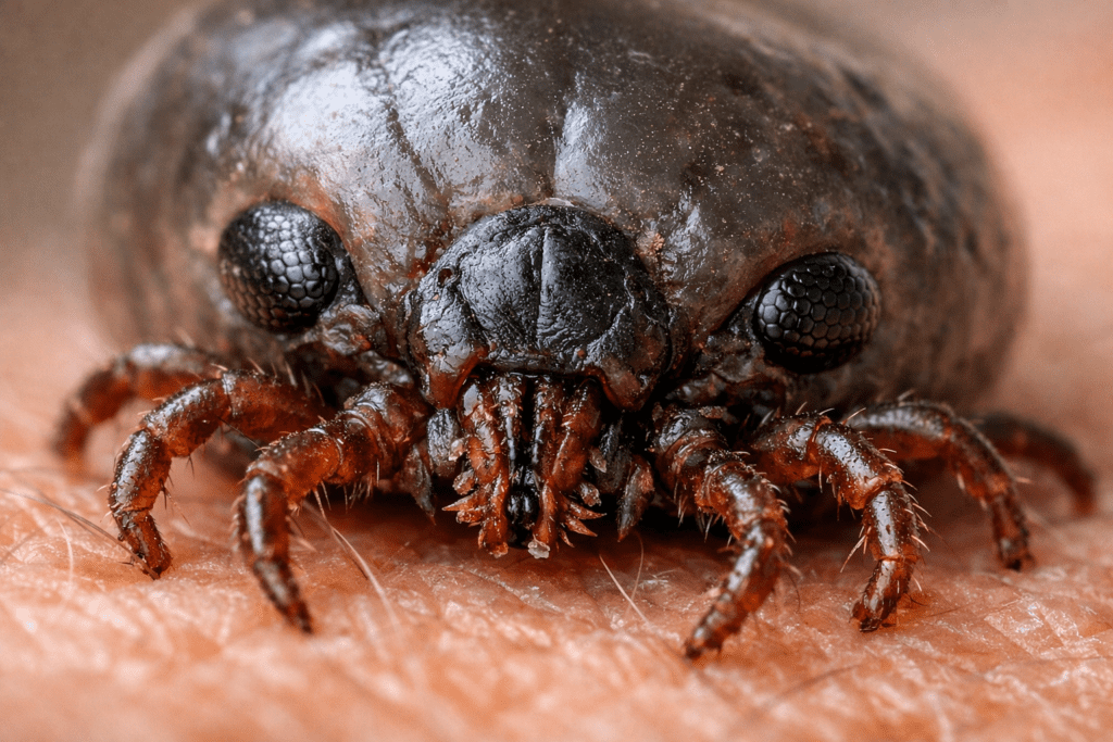 Detailed macro photograph of tick on skin showing anatomy for indoor tick identification