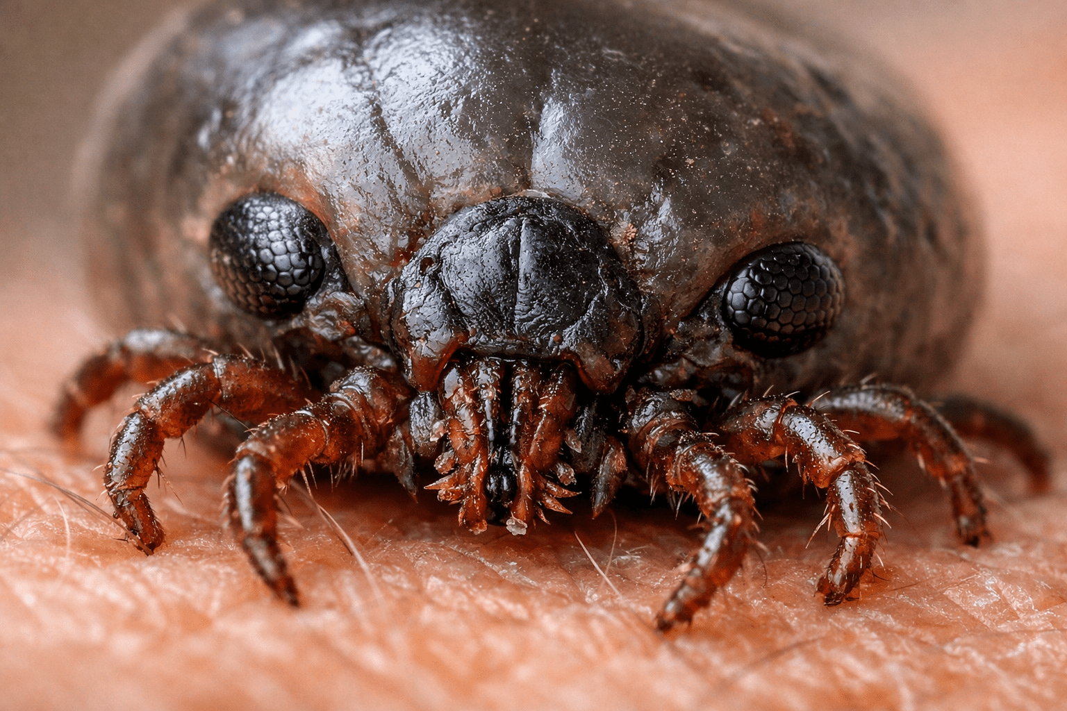 Detailed macro photograph of tick on skin showing anatomy for indoor tick identification