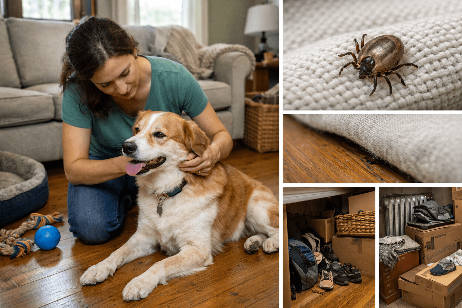 Home interior showing common indoor tick sources including pets and household surfaces