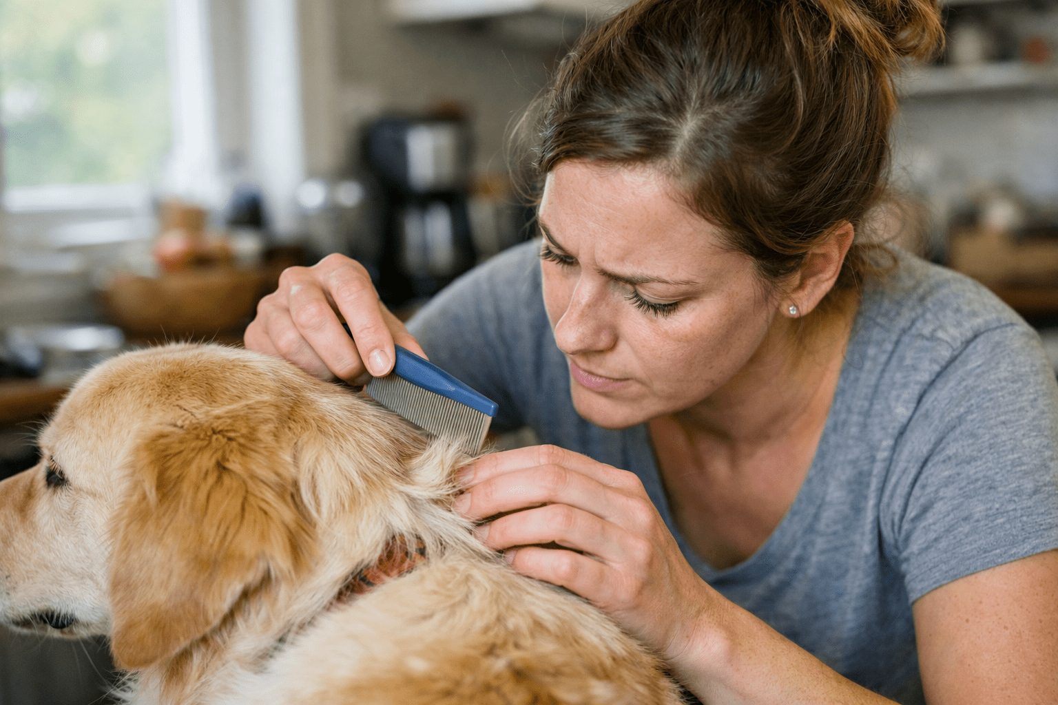 Person checking dog for ticks using practical indoor tick prevention and inspection method
