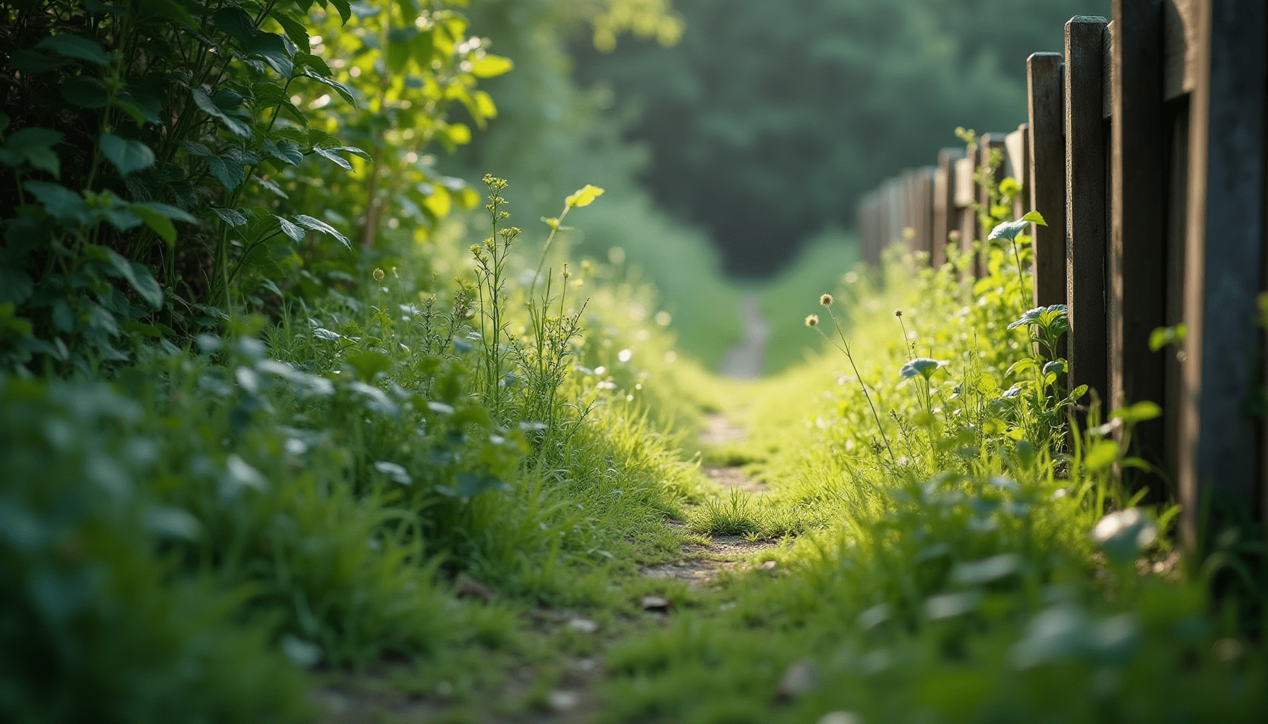 Overgrown garden path with tall grass and weeds, a common habitat for chigger mites, under natural light.
