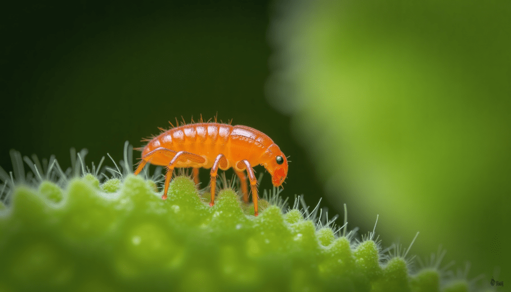 Striking macro of a tiny chigger mite (Trombiculidae larva) on a fuzzy green leaf, detailing its segmented body and legs.