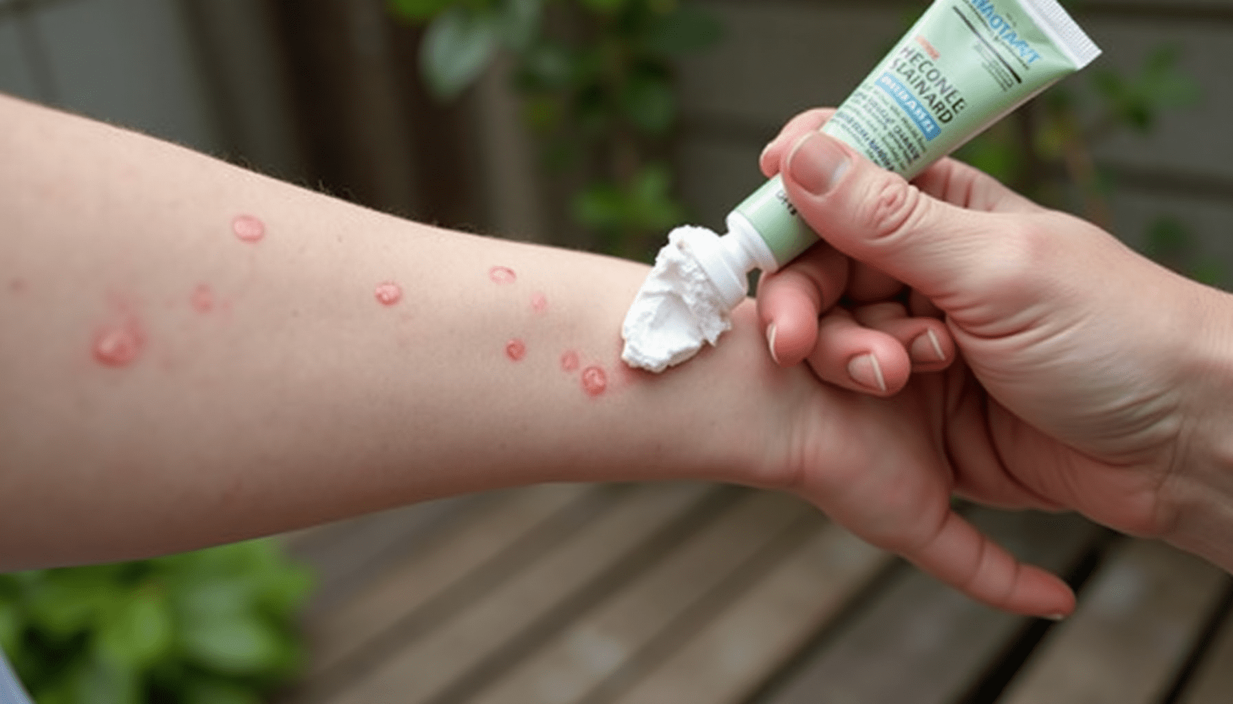 Close-up of a person's arm with red, itchy chigger bites, applying a natural treatment cream outdoors.