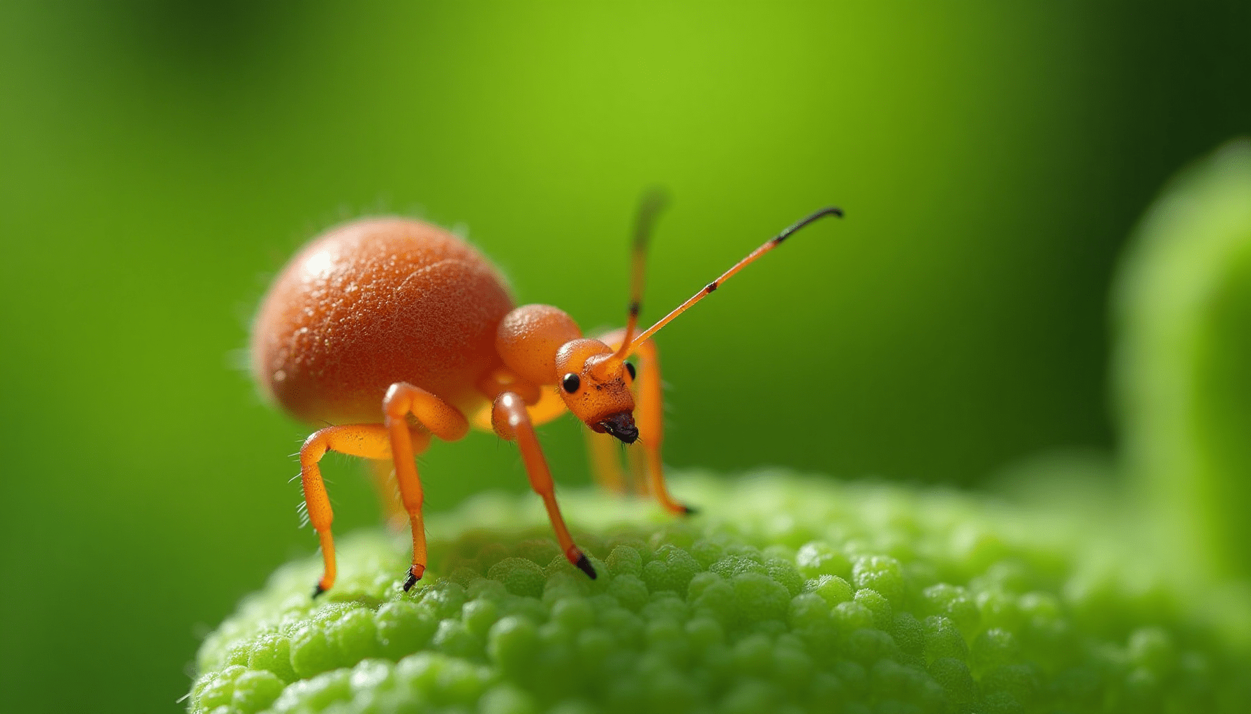 Close-up macro photo of a tiny red clover mite on a green leaf, highlighting intricate details for mite identification.