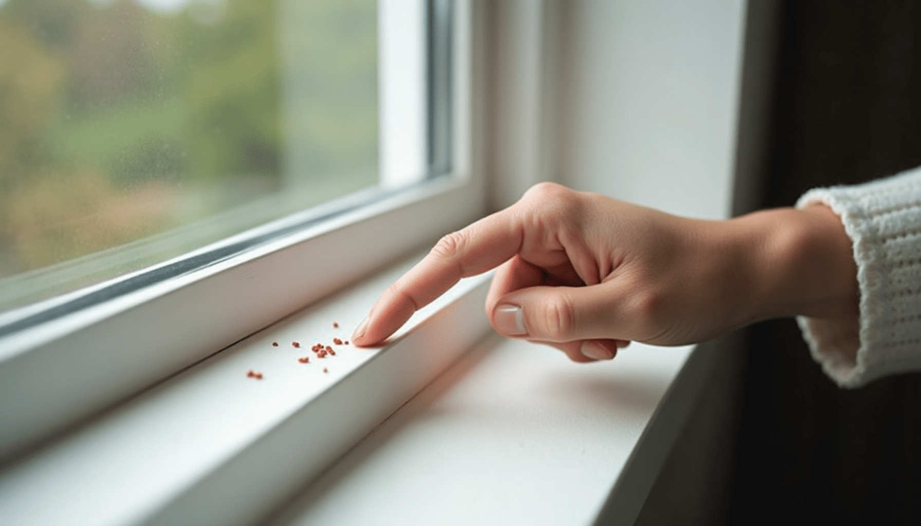 Person inspecting a windowsill for tiny red bugs, demonstrating practical pest control and observation.