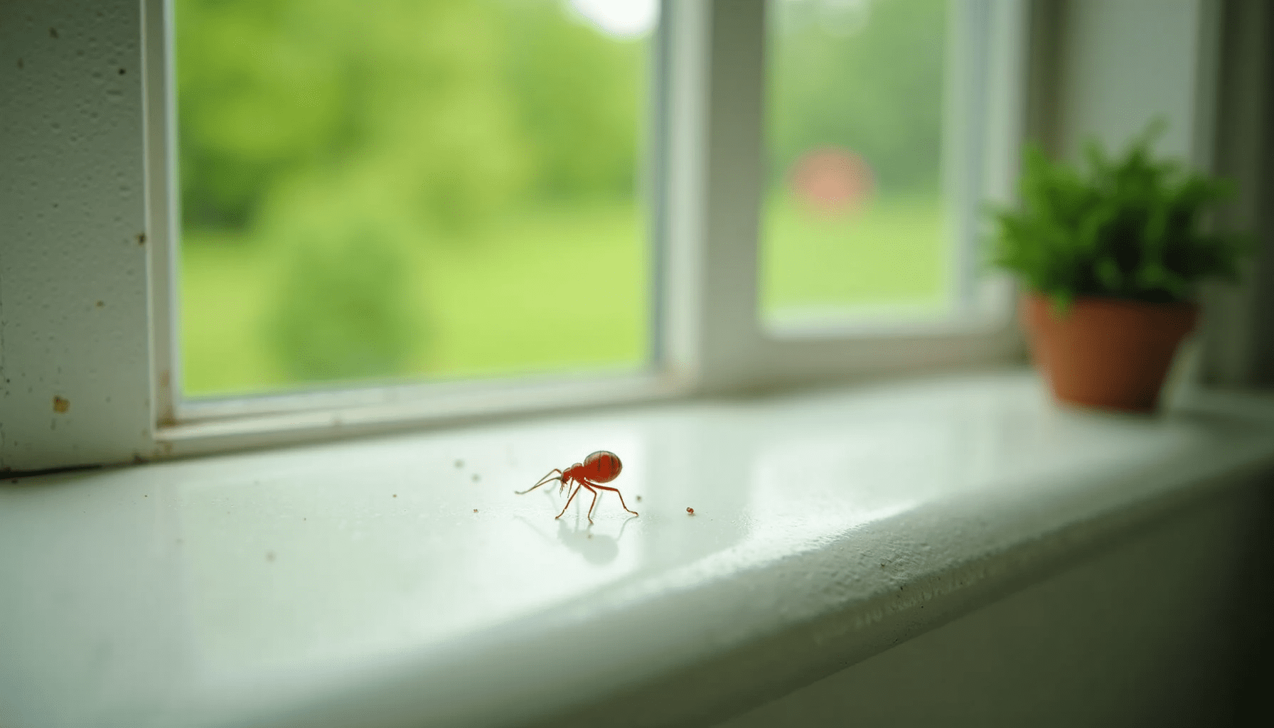 A windowsill scene showing tiny red clover mites, illustrating common areas for these windowsill pests.