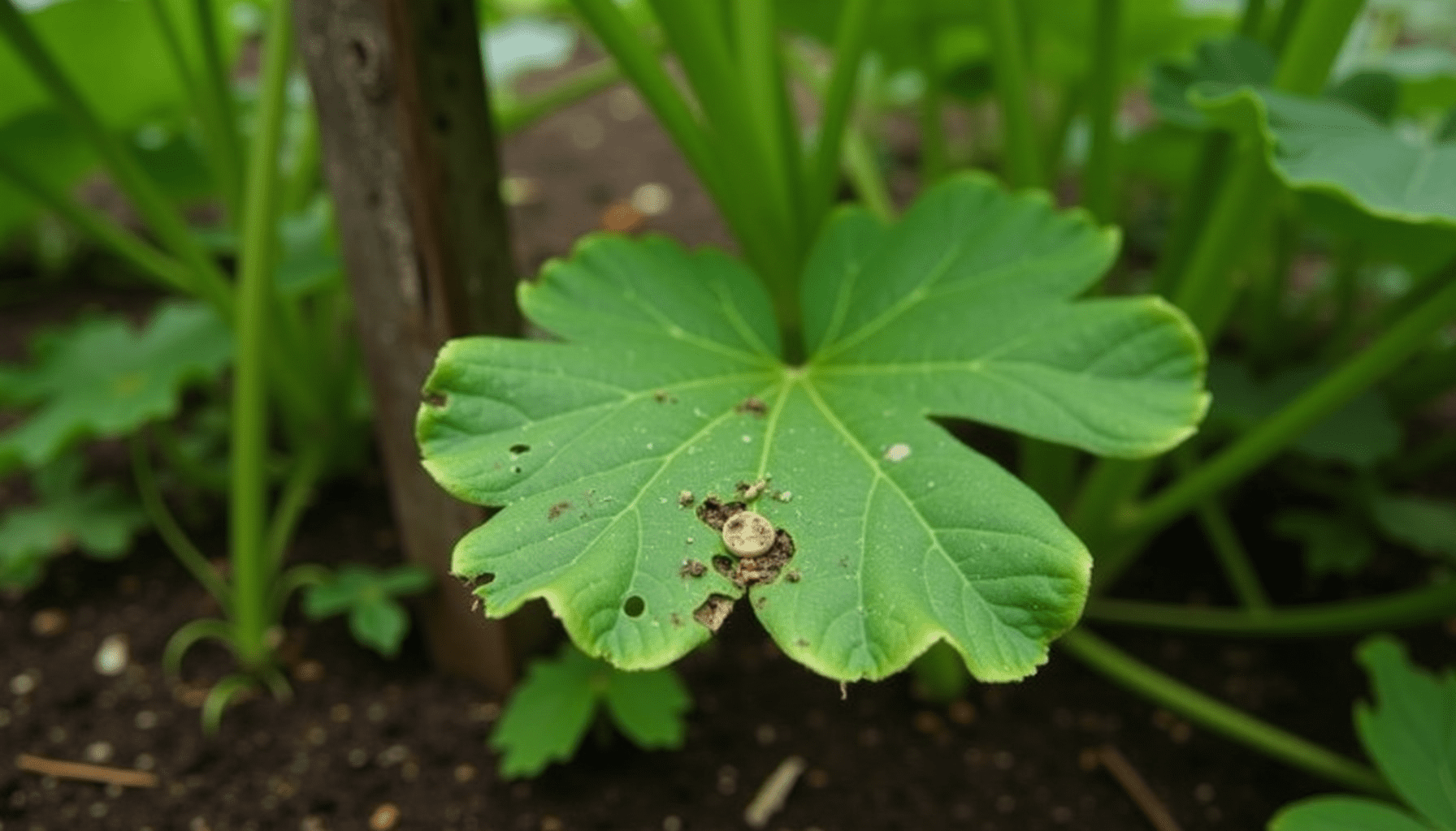 Zucchini leaf with chew marks and holes, showing common garden pest damage in a home vegetable garden, for identifying garden insects.