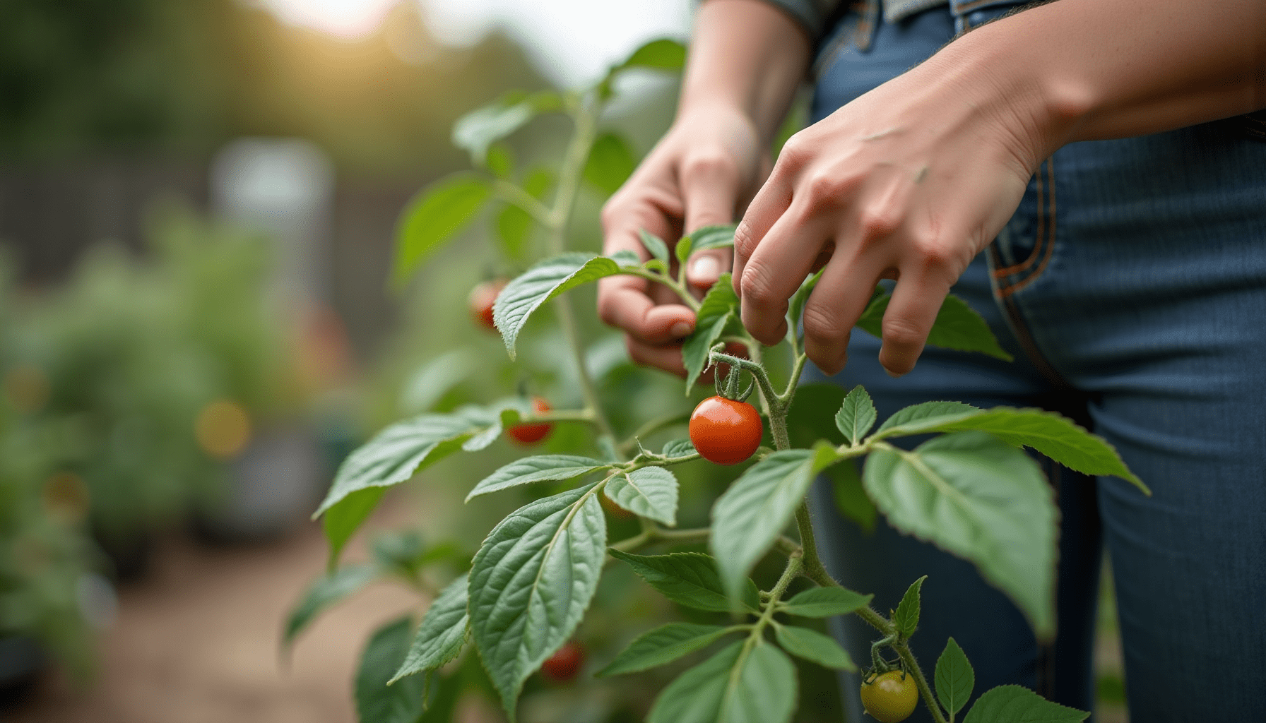 Woman in casual clothing inspecting a tomato plant leaf for common garden pests, demonstrating garden pest identification.