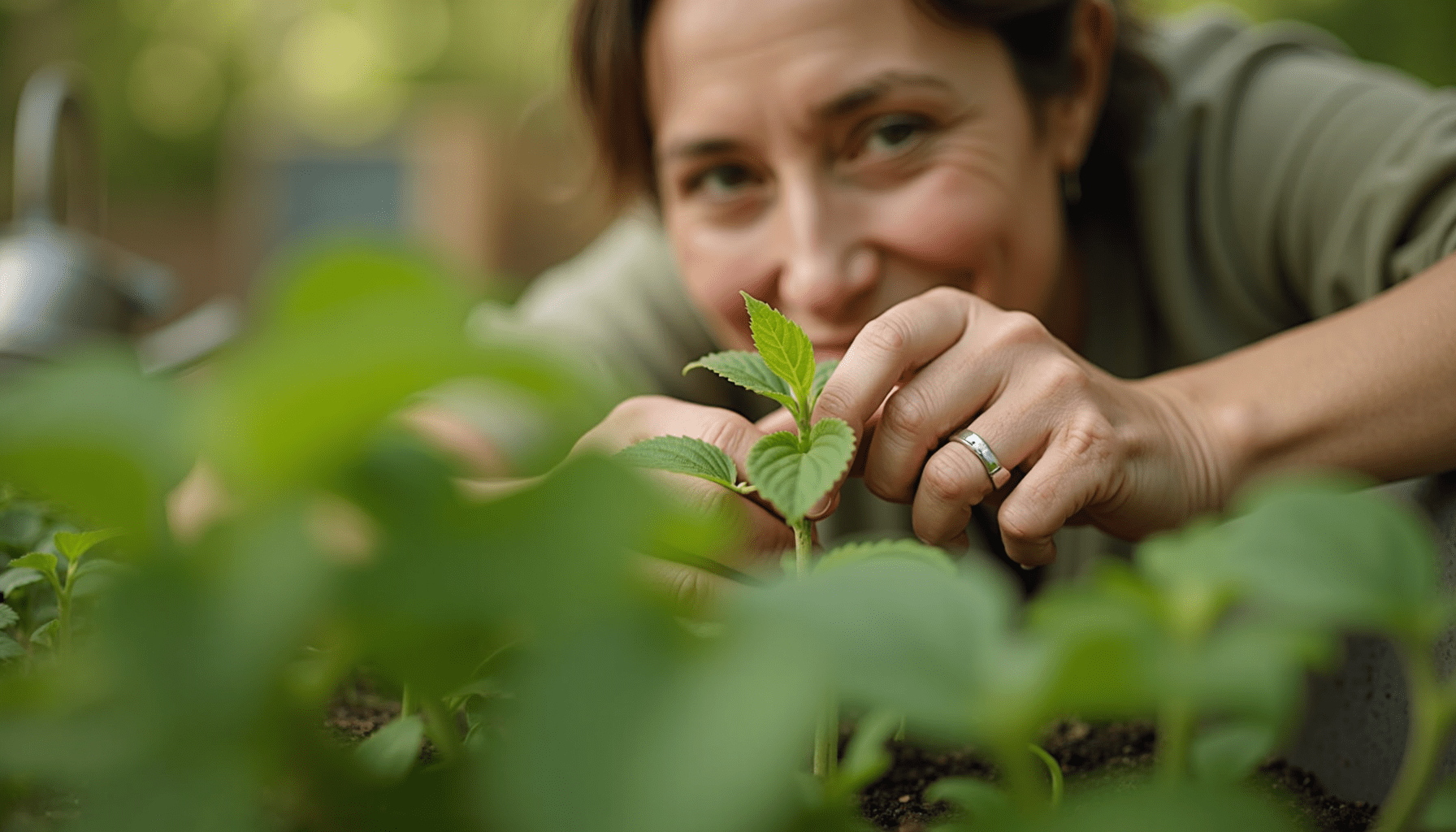 Woman with natural skin texture inspecting a plant leaf in her organic garden for natural pest control methods.
