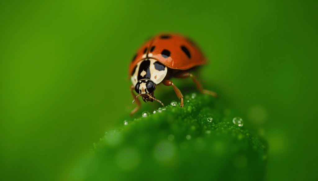 Close-up macro photo of a red ladybug on a green basil leaf, illustrating beneficial insects for companion planting pest control.