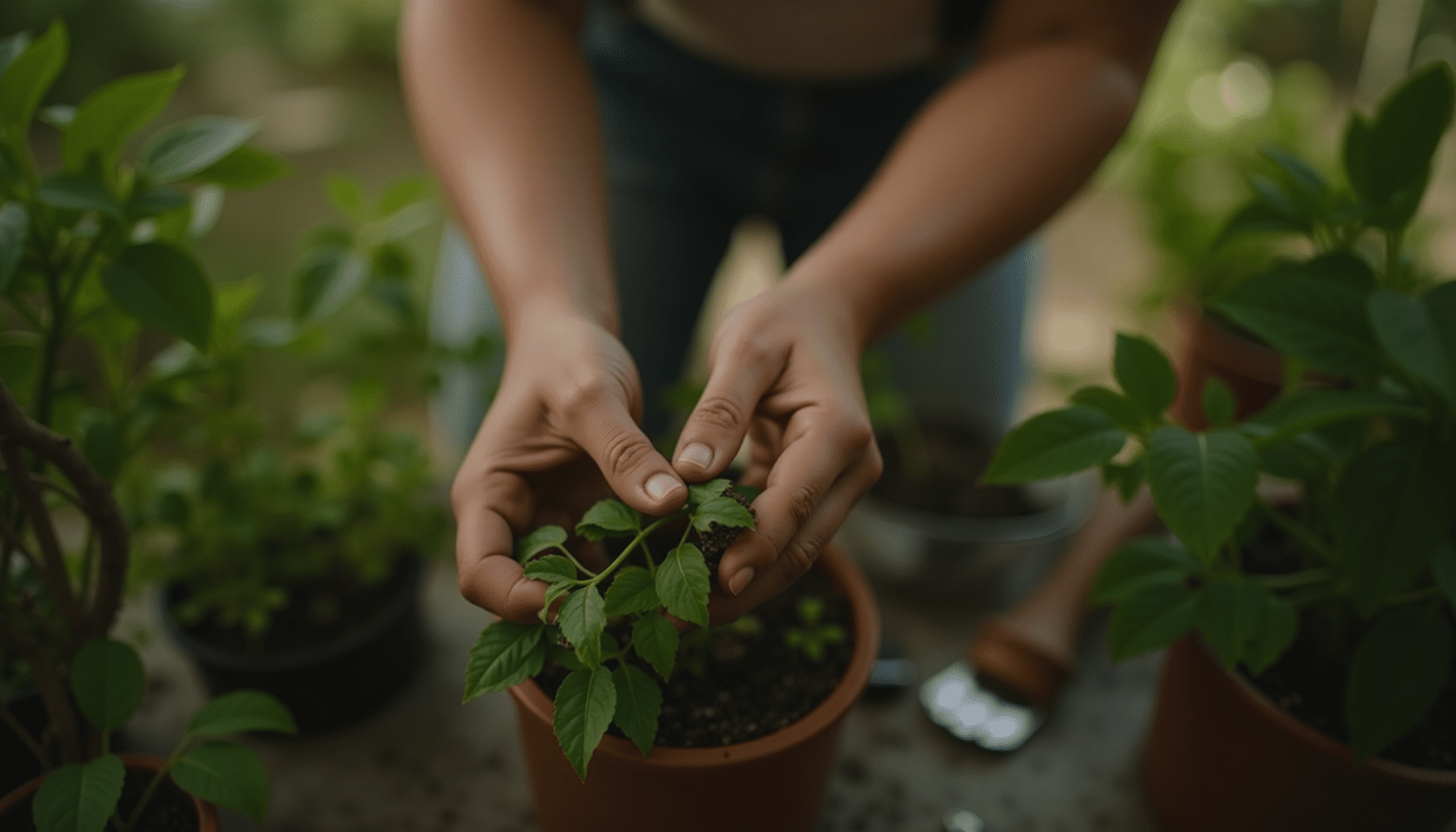 Person inspecting a garden plant for crickets and grasshoppers, surrounded by gardening tools.