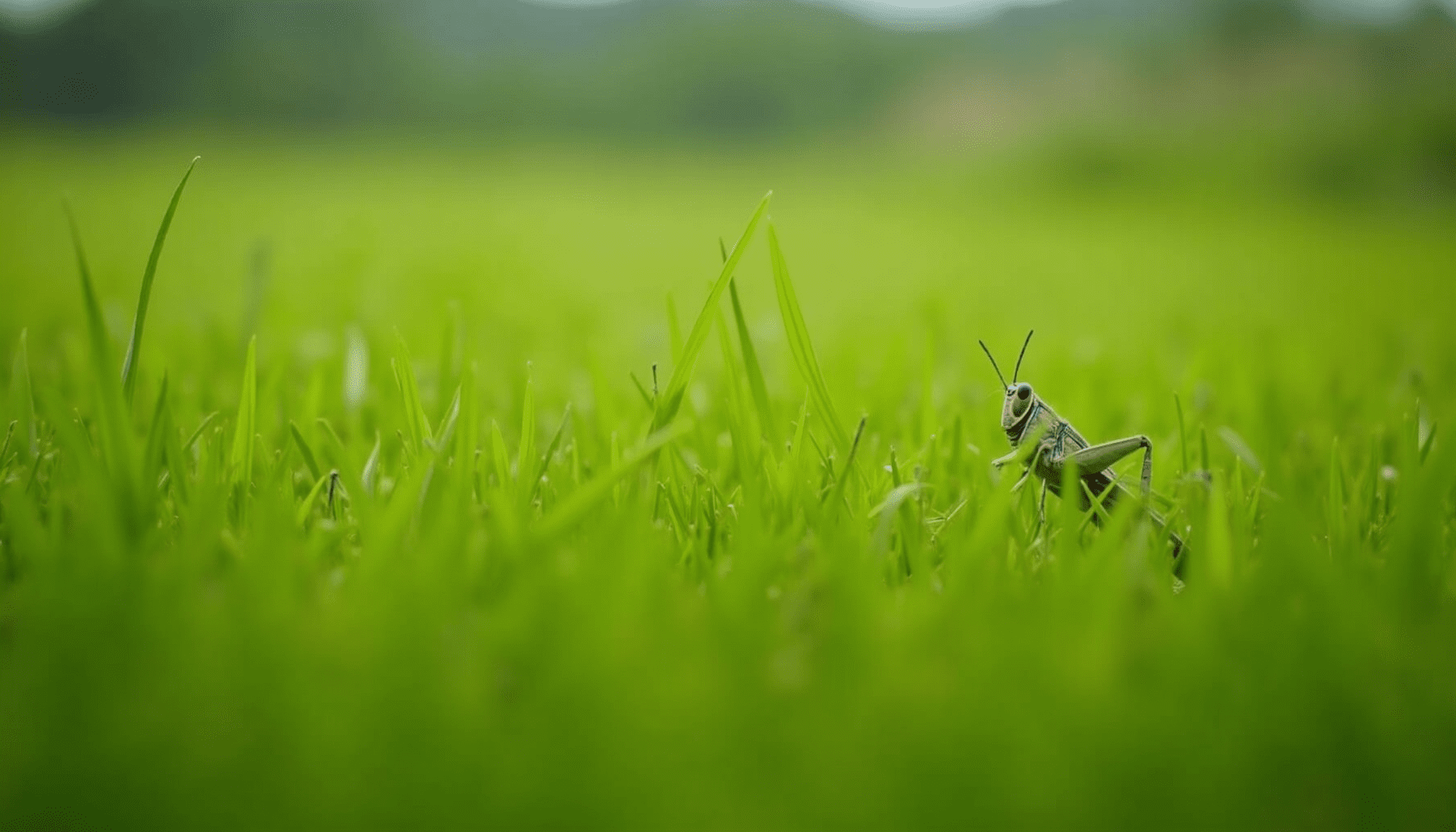 Grassy field habitat with visible grasshoppers and plants illustrating the environment.