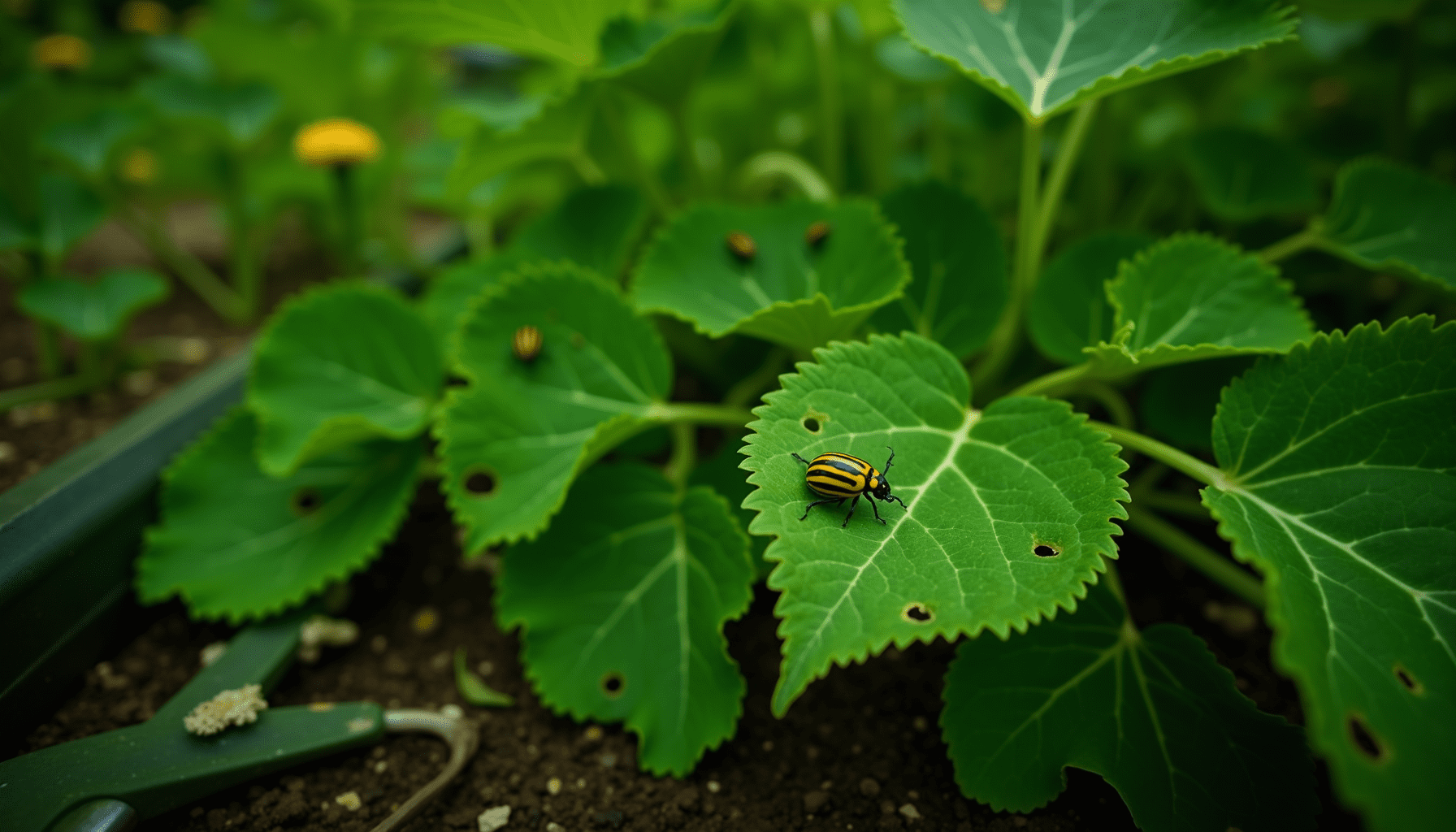 A medium-wide shot of a cucumber plant in a home garden, showing characteristic leaf damage and a few cucumber beetles.
