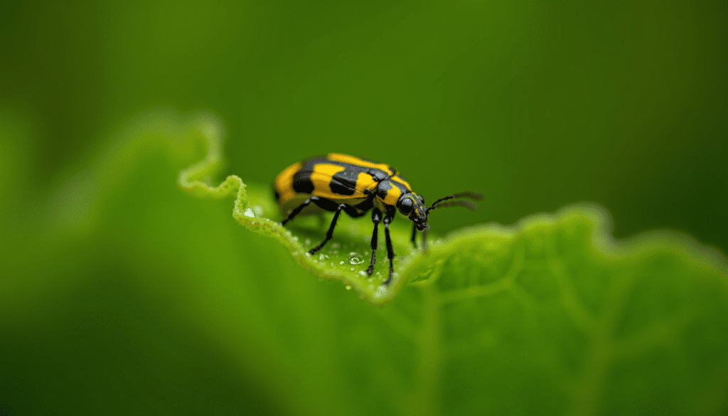 Stunning macro photograph of a striped cucumber beetle resting on a vibrant green cucumber leaf, showcasing its intricate details.
