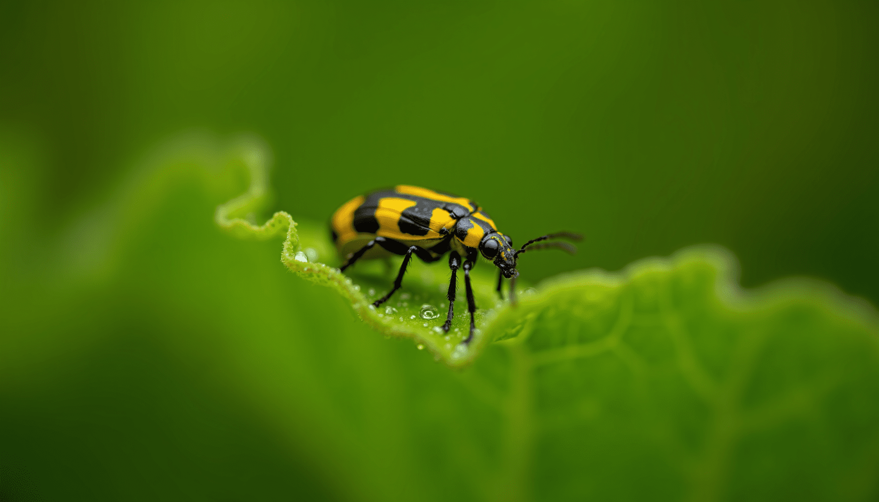 Stunning macro photograph of a striped cucumber beetle resting on a vibrant green cucumber leaf, showcasing its intricate details.