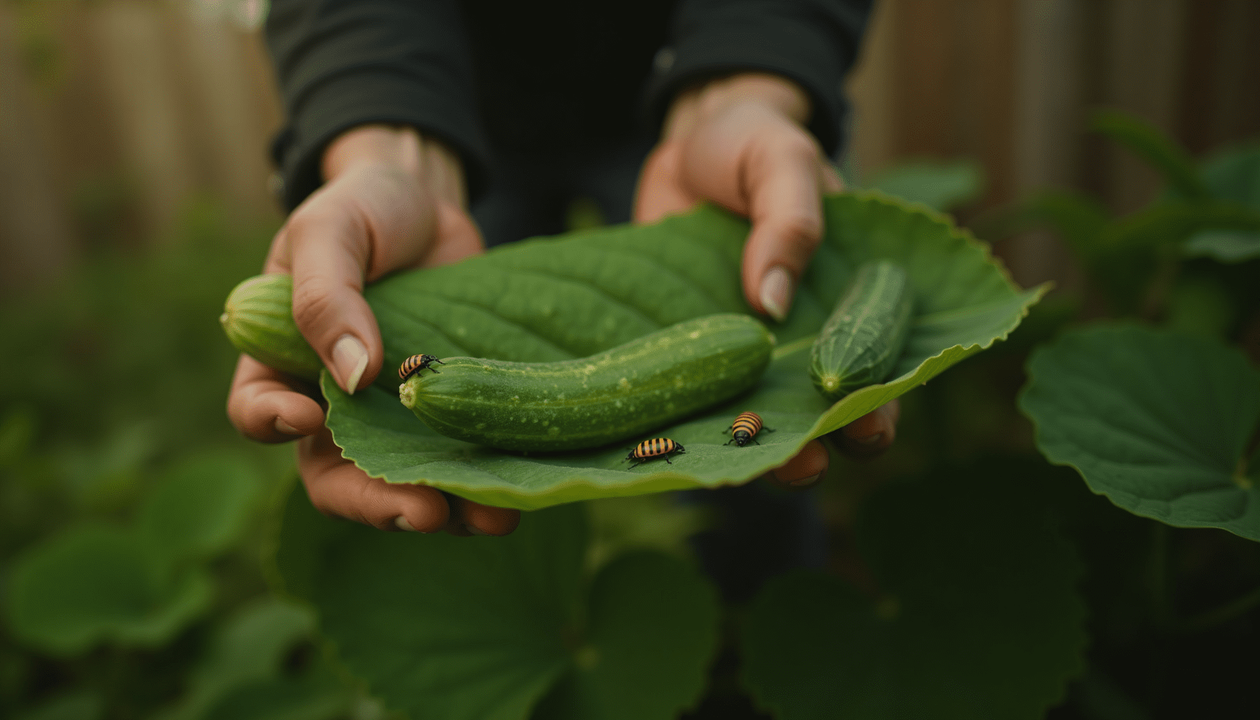 A gardener's hands gently inspecting cucumber leaves for cucumber beetles, demonstrating organic pest control vigilance.