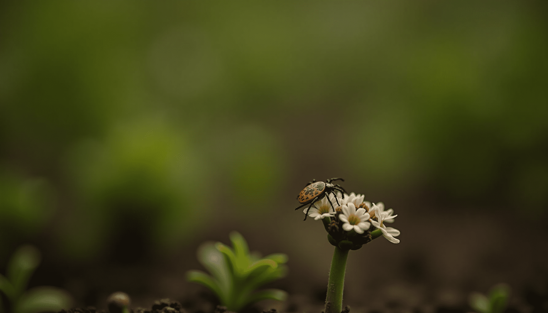Dog tick on a flower stem in a garden scene, showcasing its habitat.