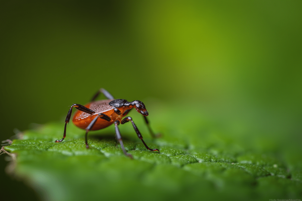 Close-up of a deer tick on a leaf, highlighting its size and subtle markings.