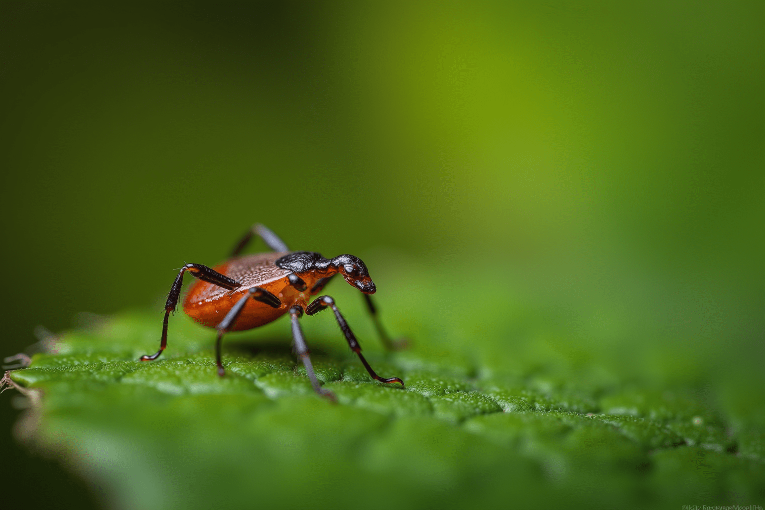 Close-up of a deer tick on a leaf, highlighting its size and subtle markings.