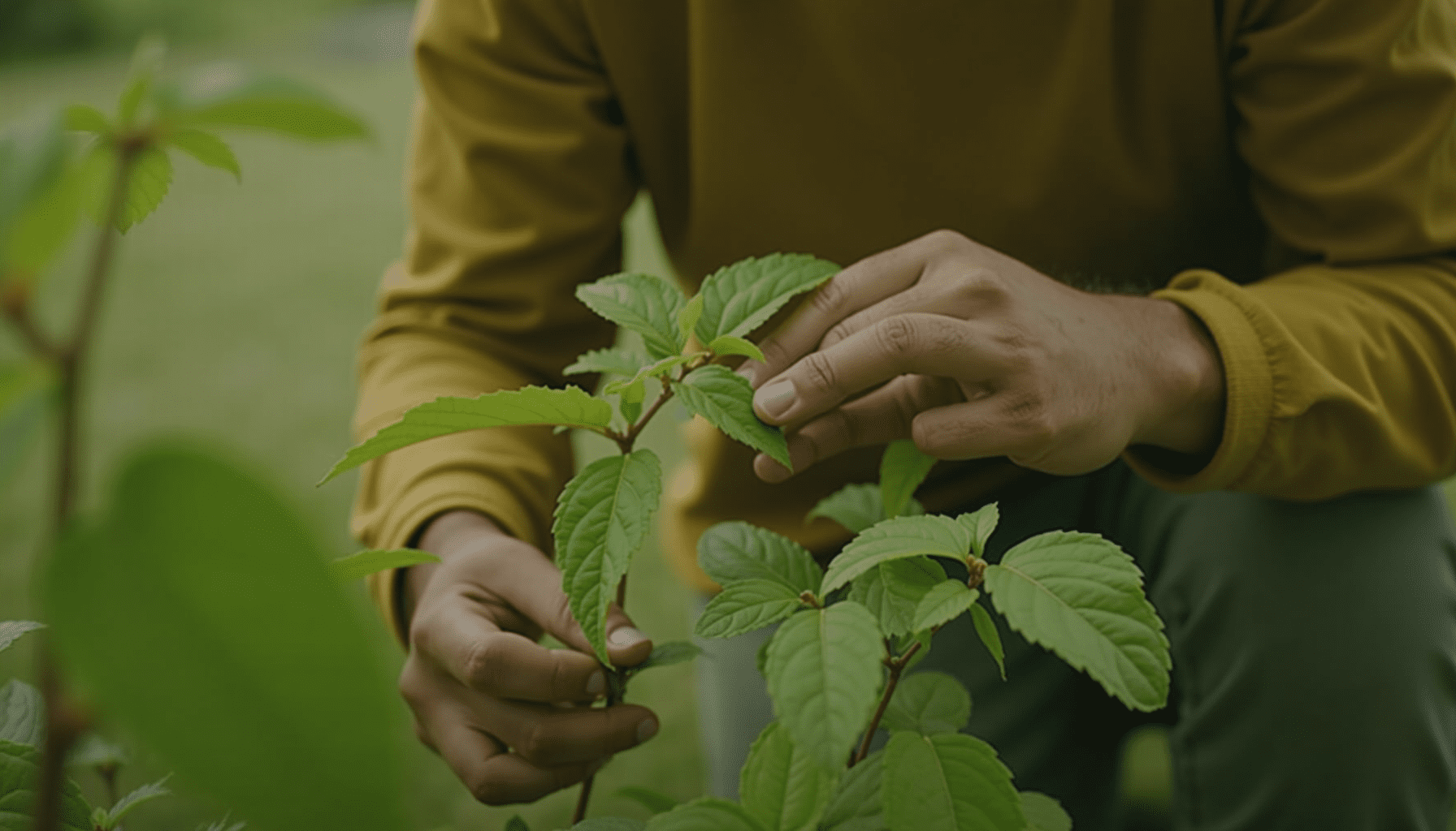 Person inspecting a plant for ticks in a backyard, focusing on tick identification.