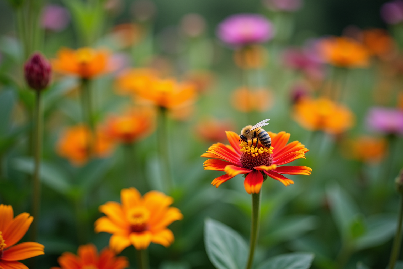 Garden scene filled with flowers and honeybees, showcasing their natural habitat and activity.