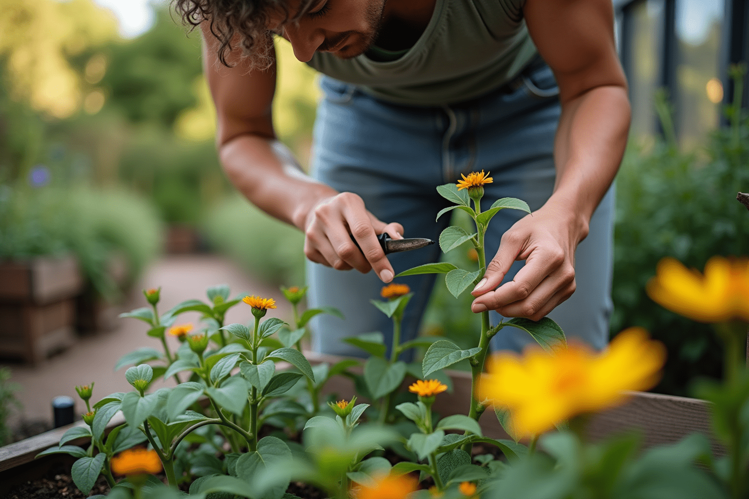 Person inspecting plants in a garden, observing for bee activity and signs of stings.