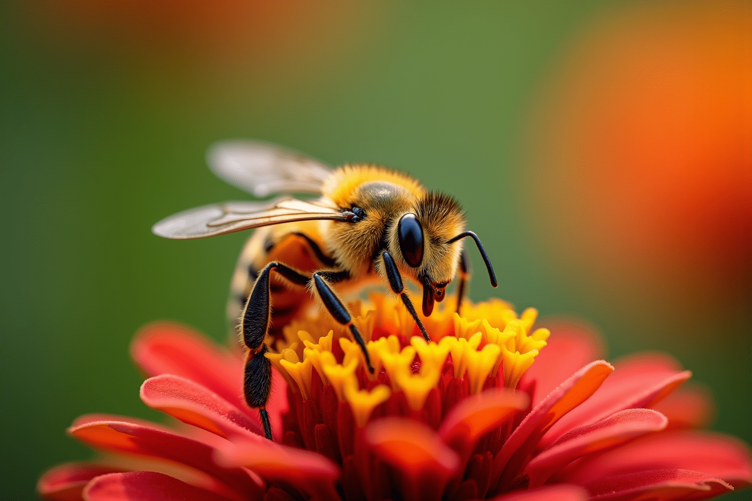 Close-up of a honeybee on a flower, highlighting its features and natural habitat.