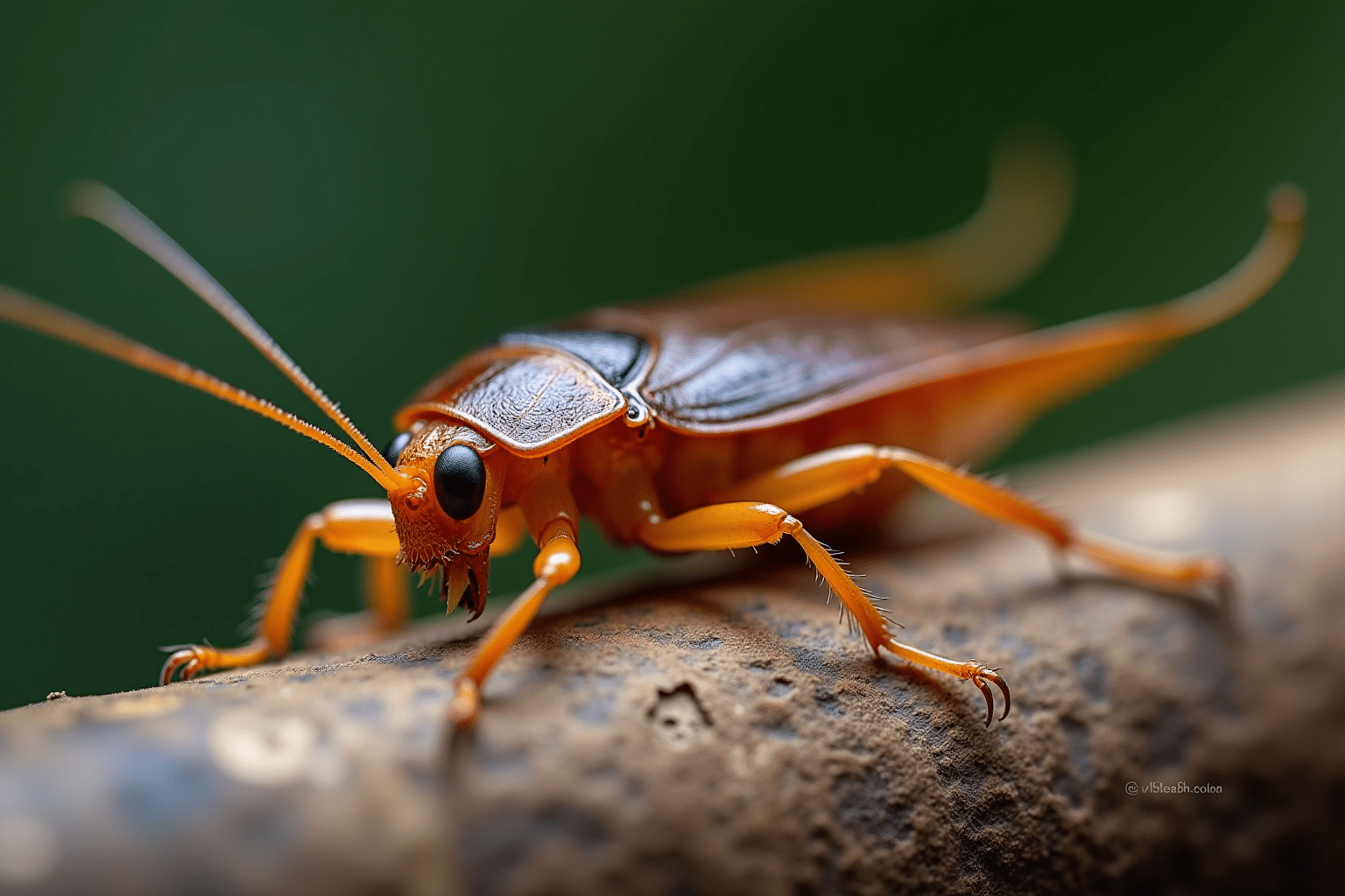 Close-up of a cockroach revealing its intricate details and natural habitat.
