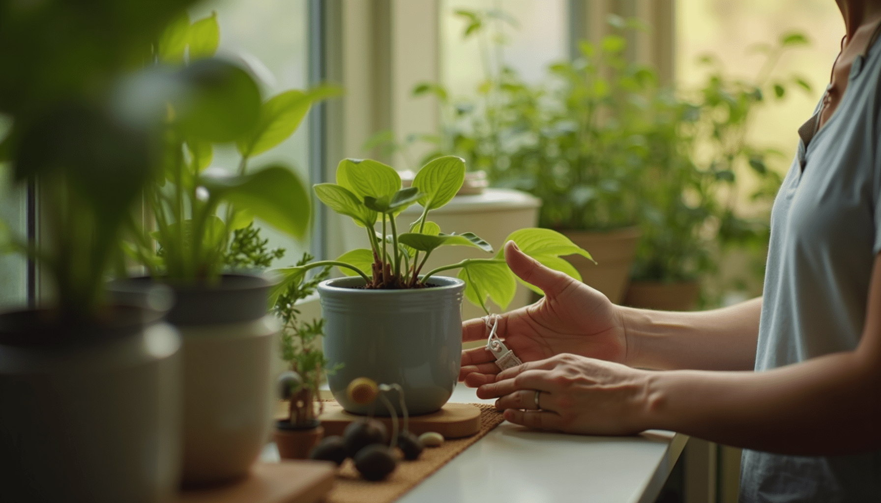 A person inspecting a plant for pest issues, highlighting practical pest control efforts.