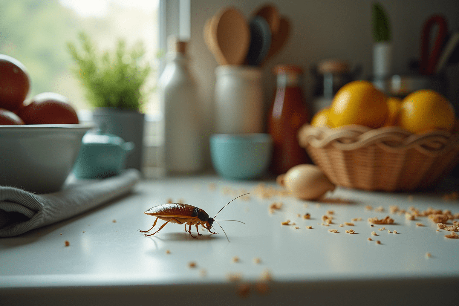Cockroach on a kitchen counter with household items, showing potential infestation signs.